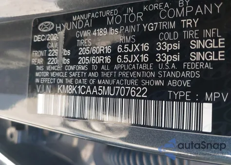 2021 Hyundai Kona Se from USA, damaged, VIN KM8K1CAA5MU707622